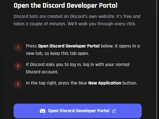 The bot setup asking you to open the Discord Developer Portal, with numbered instructions