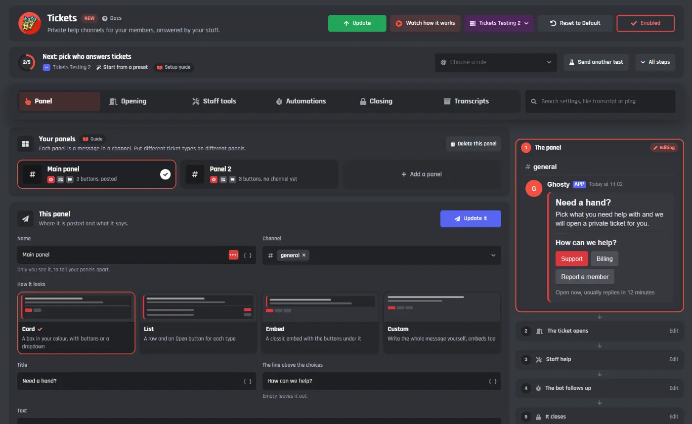 The Tickets module page with panel settings and a live Discord preview